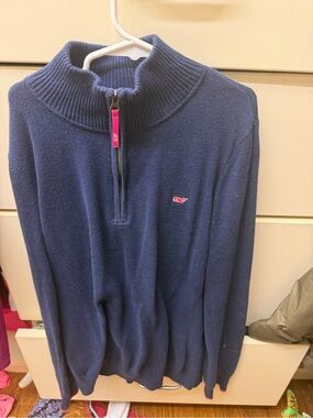 Vineyard Vines Navy Half-Zip Sweater with Pink Zip Pull